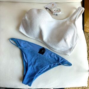 Crinkle one shoulder bikini set blue and white bathing suit